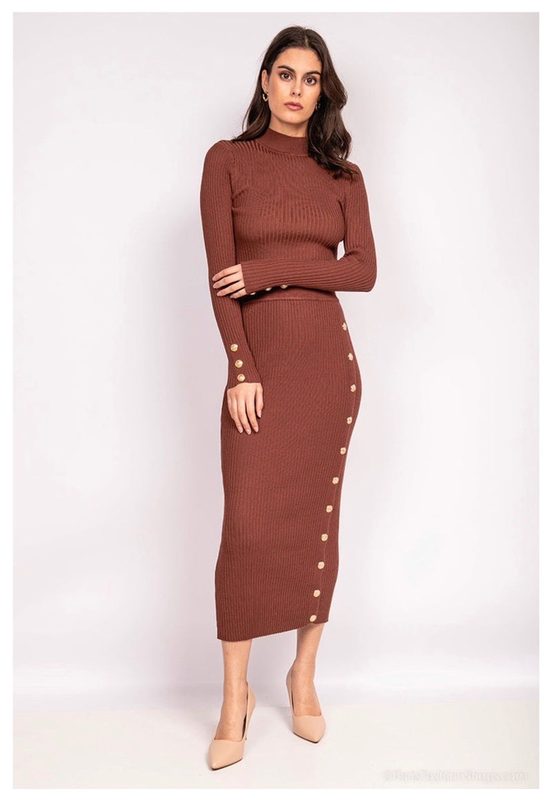 Gylden knappet elegance: brun todelt nederdel og sæt – Feel Fash