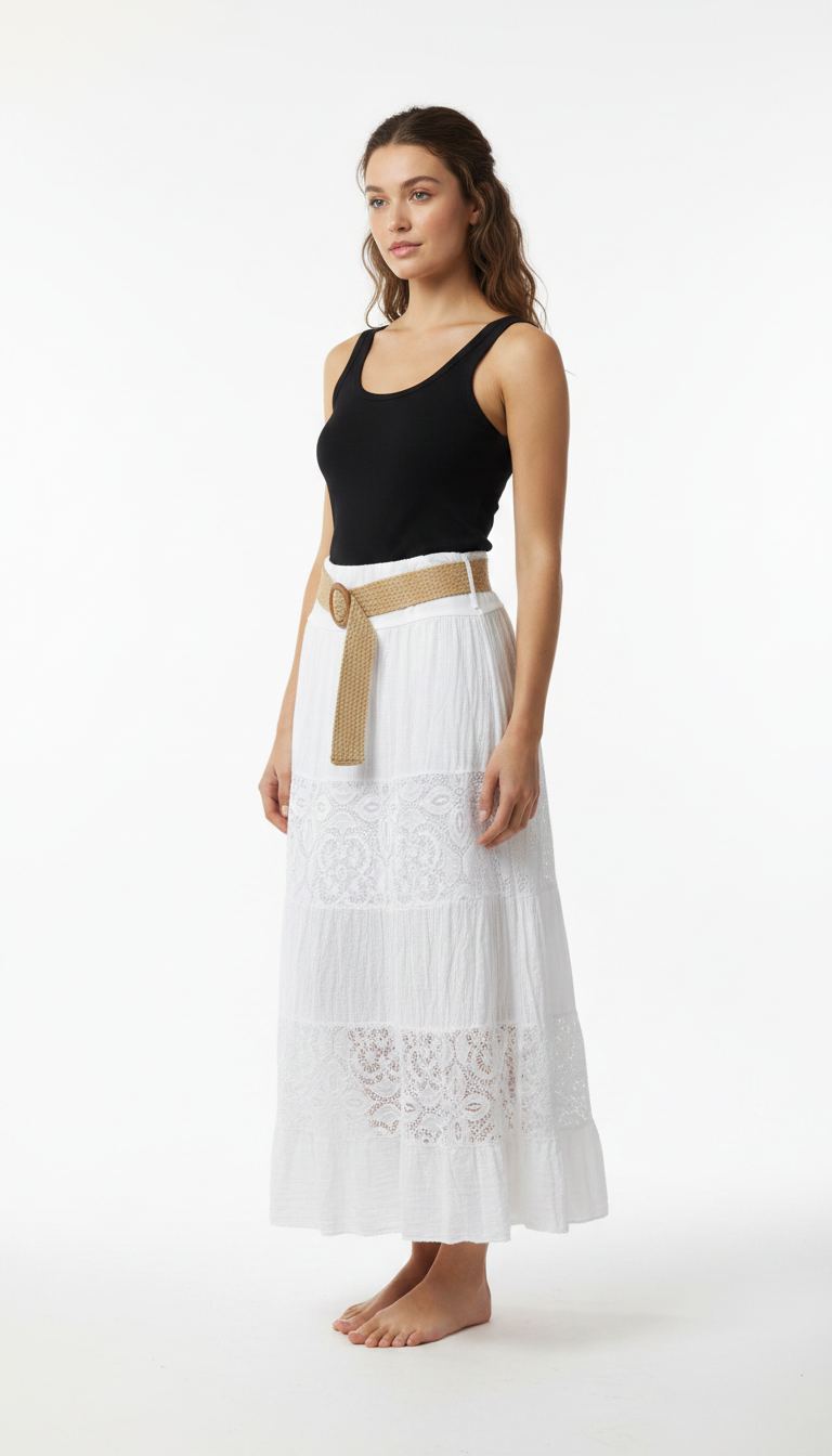 Hvid Sommer Nederdel i Blonde – Feminin Midi Nederdel til Damer