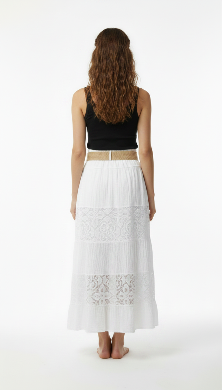 Hvid Sommer Nederdel i Blonde – Feminin Midi Nederdel til Damer