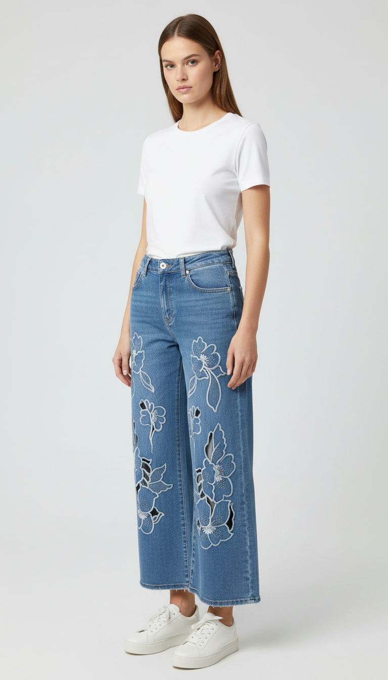 Broderede Denim Jeans med Blomster – Wide Leg Dame Jeans