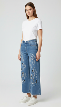 Broderede Denim Jeans med Blomster – Wide Leg Dame Jeans