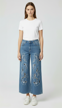 Broderede Denim Jeans med Blomster – Wide Leg Dame Jeans