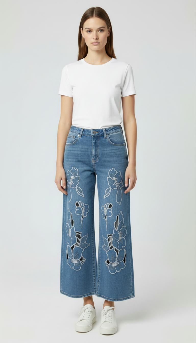 Broderede Denim Jeans med Blomster – Wide Leg Dame Jeans